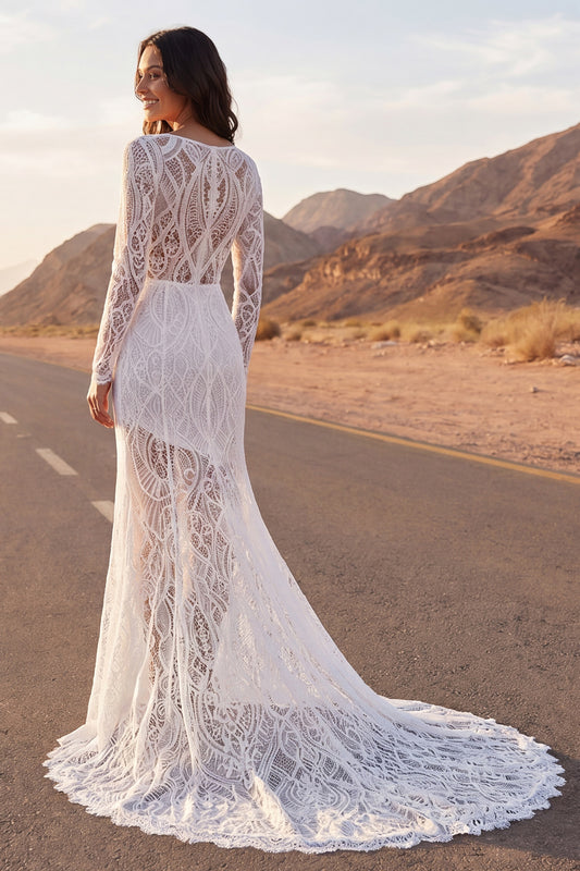 Ivory Mermaid Illusion Neck Long Sleeves Sweep Train Boho Wedding Dress