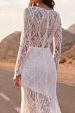 Ivory Mermaid Illusion Neck Long Sleeves Sweep Train Boho Wedding Dress