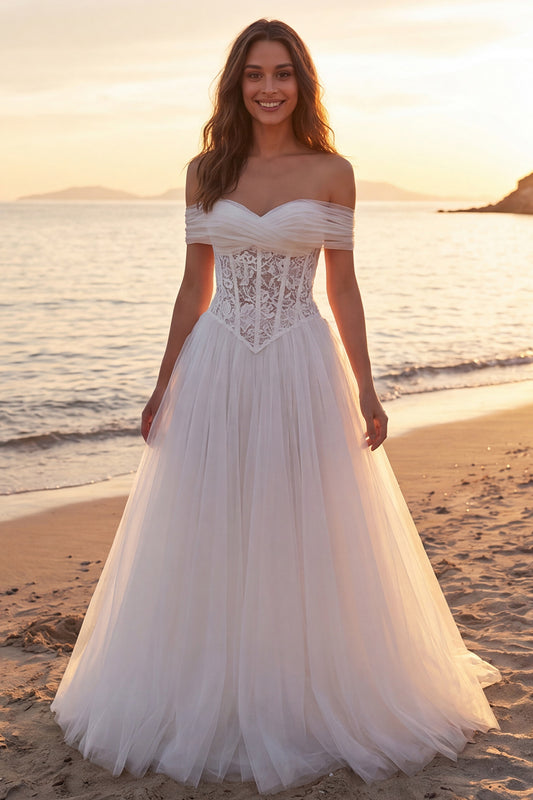 Ivory Corset A-Line Off the Shoulder Tulle Sweep Train Beach Wedding Dress