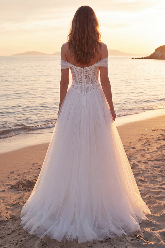 Ivory Corset A-Line Off the Shoulder Tulle Sweep Train Beach Wedding Dress