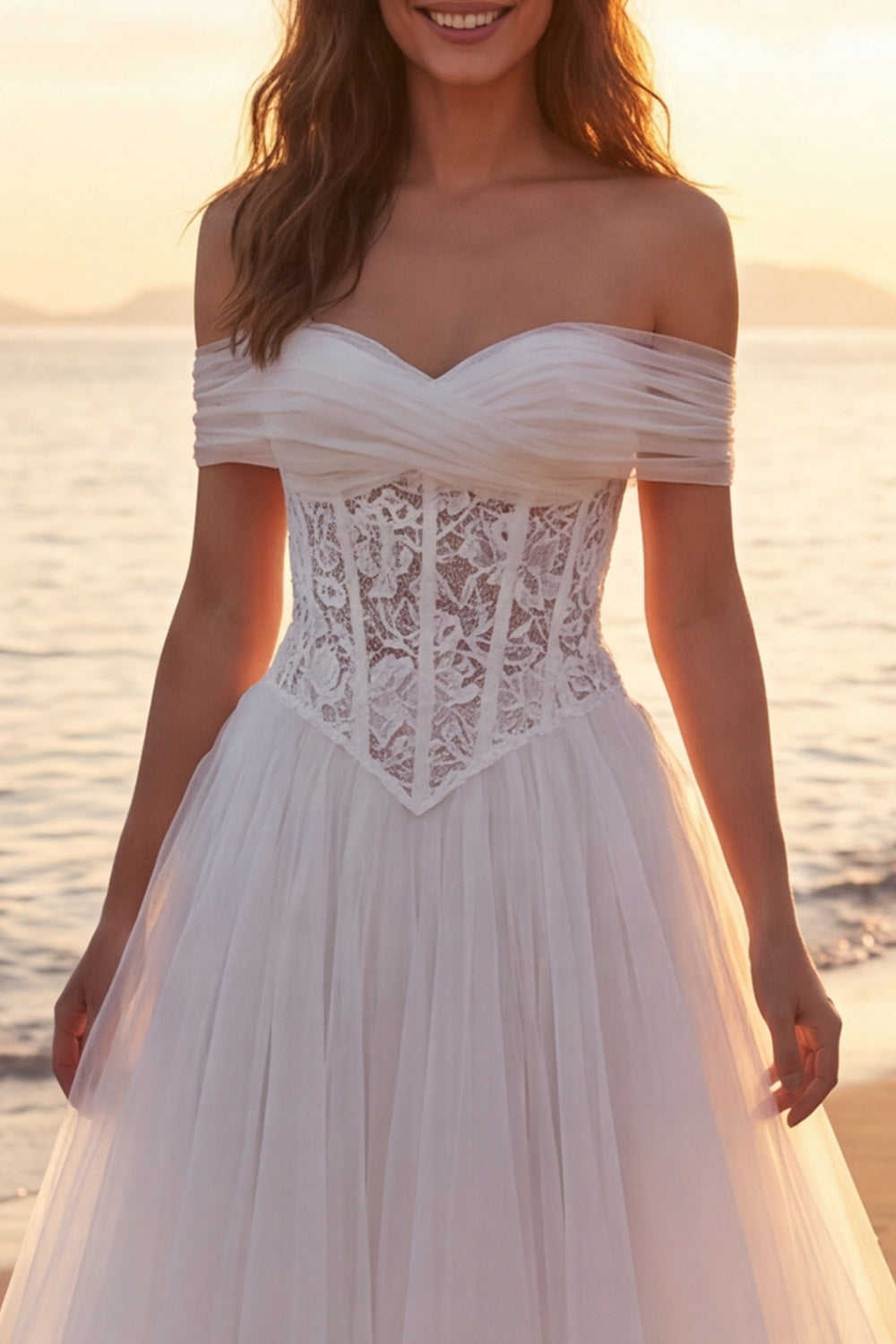 Ivory Corset A-Line Off the Shoulder Tulle Sweep Train Beach Wedding Dress