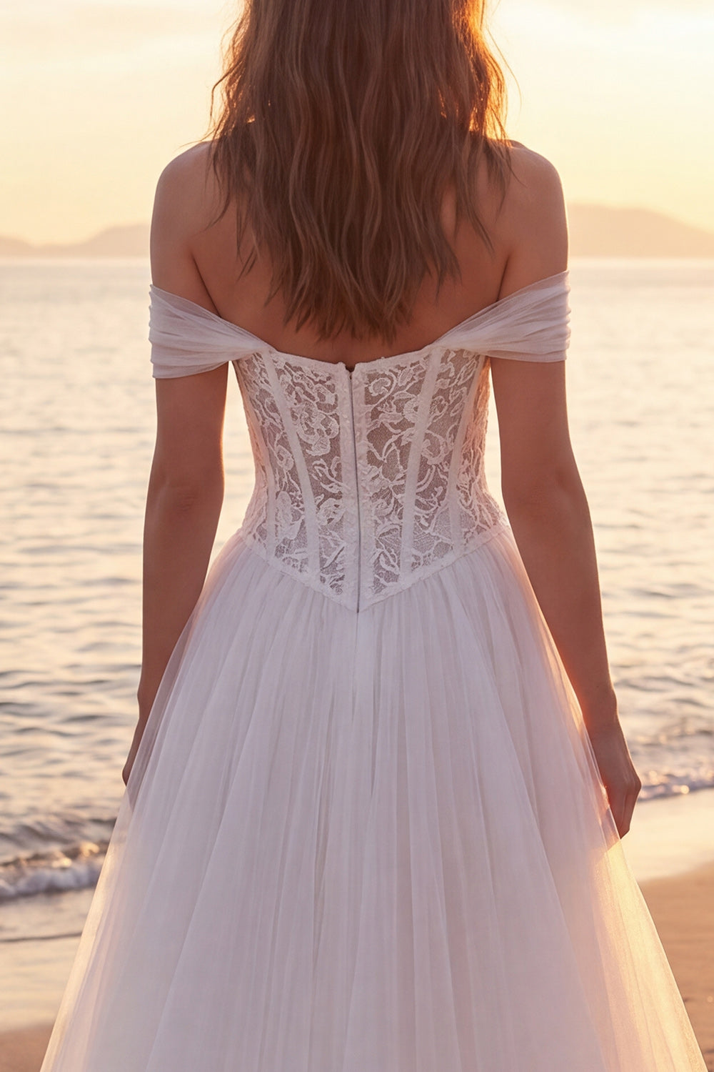 Ivory Corset A-Line Off the Shoulder Tulle Sweep Train Beach Wedding Dress