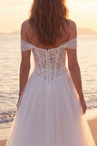 Ivory Corset A-Line Off the Shoulder Tulle Sweep Train Beach Wedding Dress