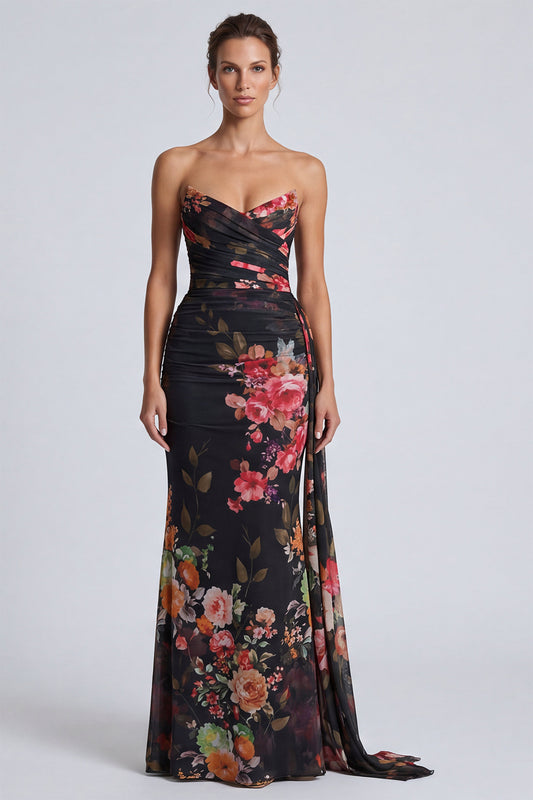 Black Floral Mermaid Long Sweetheart Formal Dress with Sash