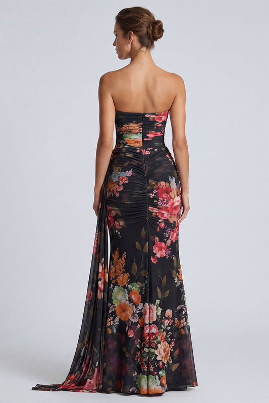 Black Floral Mermaid Long Sweetheart Formal Dress with Sash