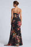 Black Floral Mermaid Long Sweetheart Formal Dress with Sash