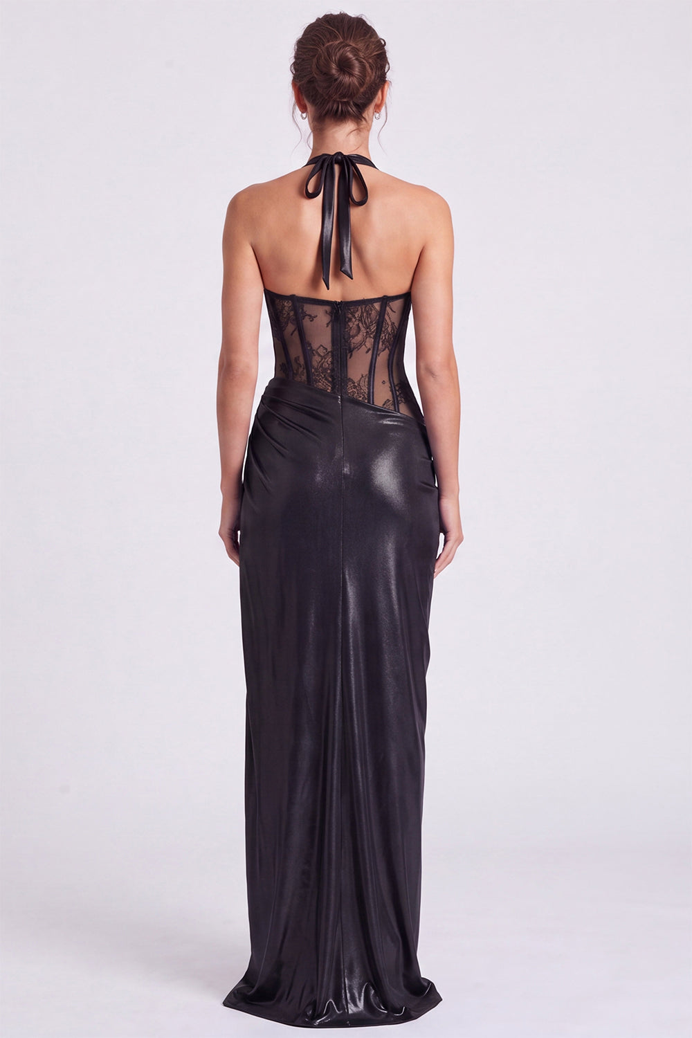 Blue Long Metallic Halter Corset Sheath Formal Dress with Slit