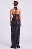 Blue Long Metallic Halter Corset Sheath Formal Dress with Slit