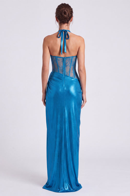 Blue Long Metallic Halter Corset Sheath Formal Dress with Slit