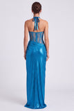 Blue Long Metallic Halter Corset Sheath Formal Dress with Slit