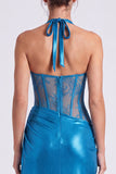 Blue Long Metallic Halter Corset Sheath Formal Dress with Slit
