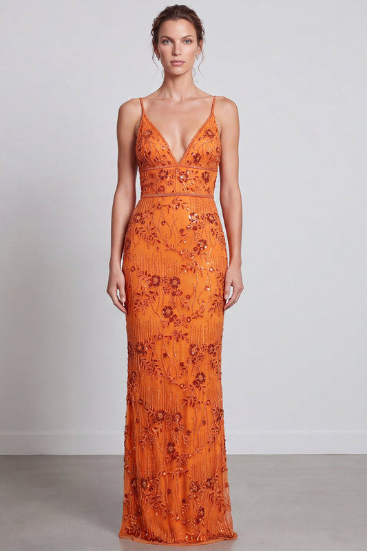 Orange Floral Sparkly Mermaid Beaded Sequin Long Formal Dress