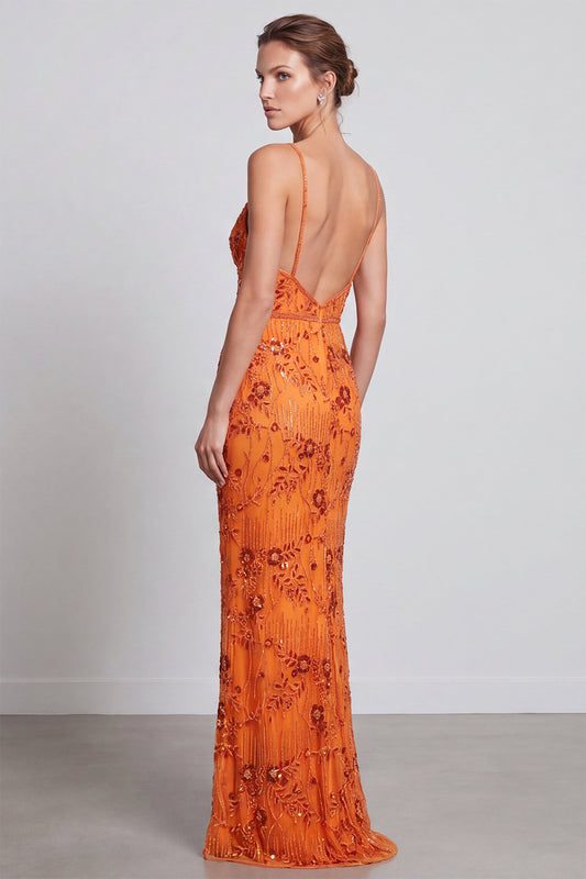 Orange Floral Sparkly Mermaid Beaded Sequin Long Formal Dress
