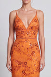 Orange Floral Sparkly Mermaid Beaded Sequin Long Formal Dress