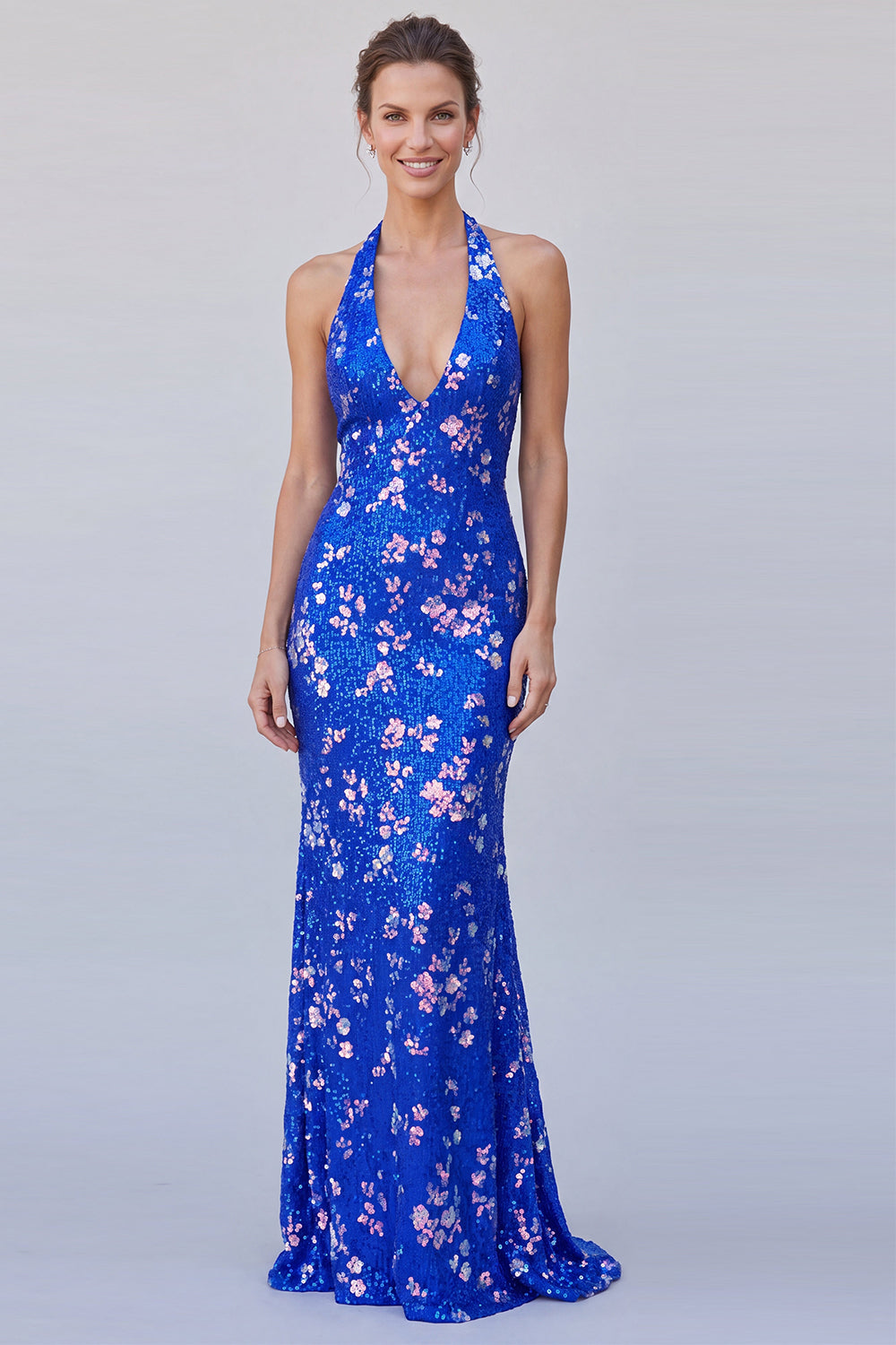 Royal Blue Sparkly Mermaid Halter Sequin Long Floral Formal Dress