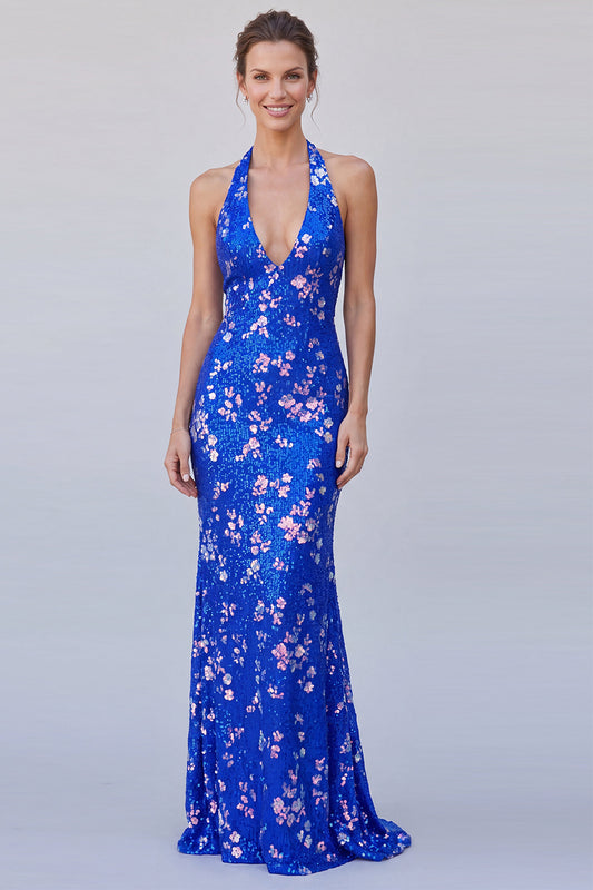 Royal Blue Sparkly Mermaid Halter Sequin Long Floral Formal Dress