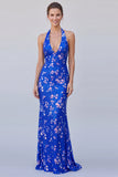 Royal Blue Sparkly Mermaid Halter Sequin Long Floral Formal Dress