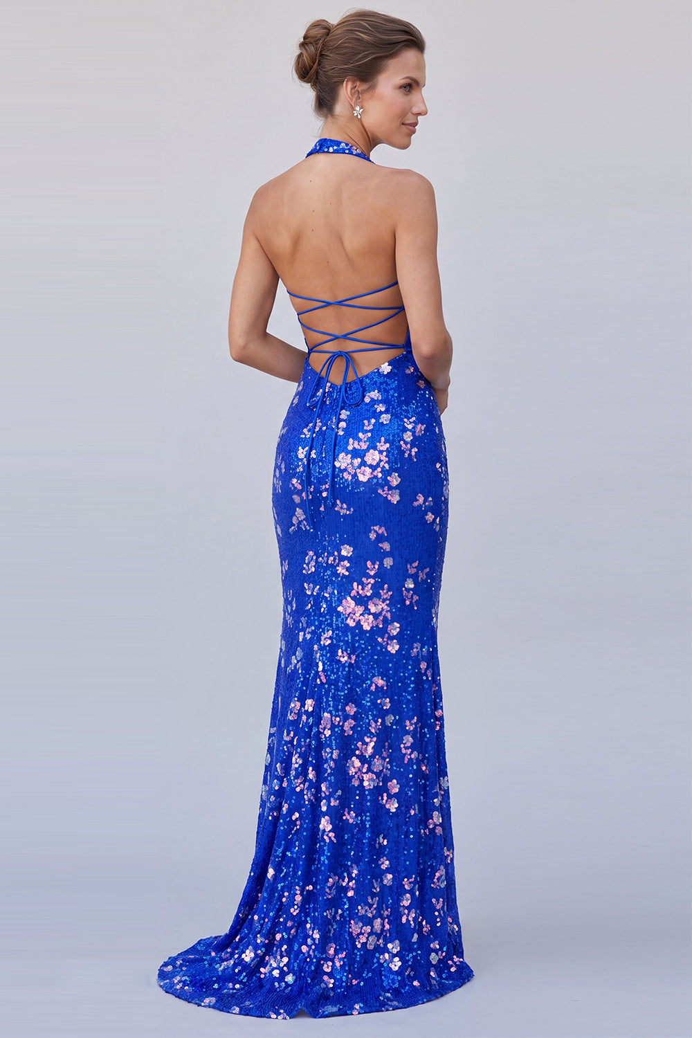 Royal Blue Sparkly Mermaid Halter Sequin Long Floral Formal Dress