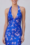Royal Blue Sparkly Mermaid Halter Sequin Long Floral Formal Dress