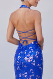 Royal Blue Sparkly Mermaid Halter Sequin Long Floral Formal Dress