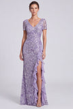Lilac Floral Sparkly Ruffled Mermaid Sequin Long Formal Dress with Sleeves