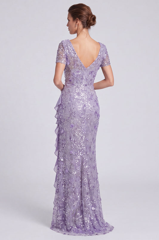 Lilac Floral Sparkly Ruffled Mermaid Sequin Long Formal Dress with Sleeves