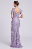 Lilac Floral Sparkly Ruffled Mermaid Sequin Long Formal Dress with Sleeves