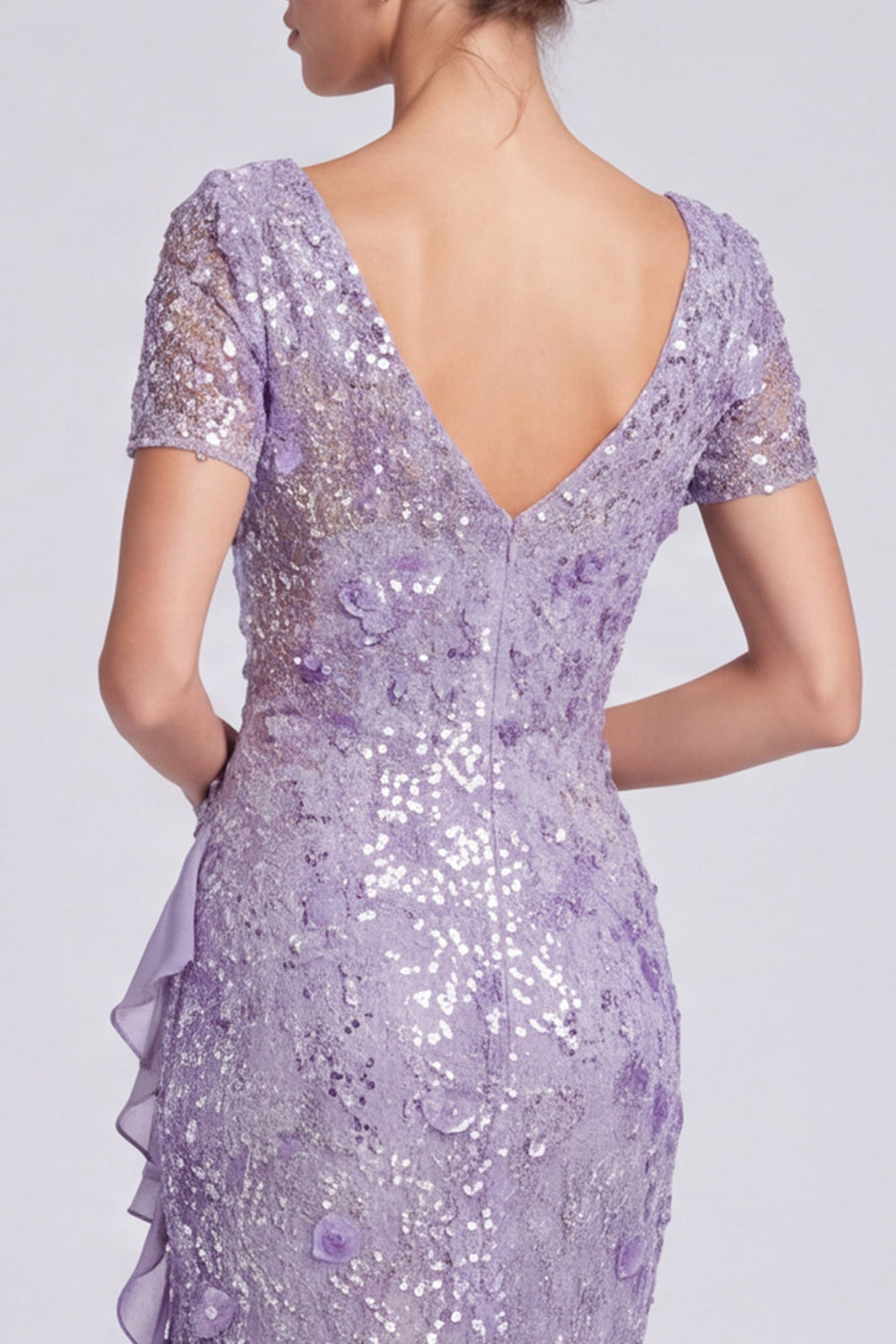 Lilac Floral Sparkly Ruffled Mermaid Sequin Long Formal Dress with Sleeves