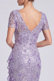 Lilac Floral Sparkly Ruffled Mermaid Sequin Long Formal Dress with Sleeves