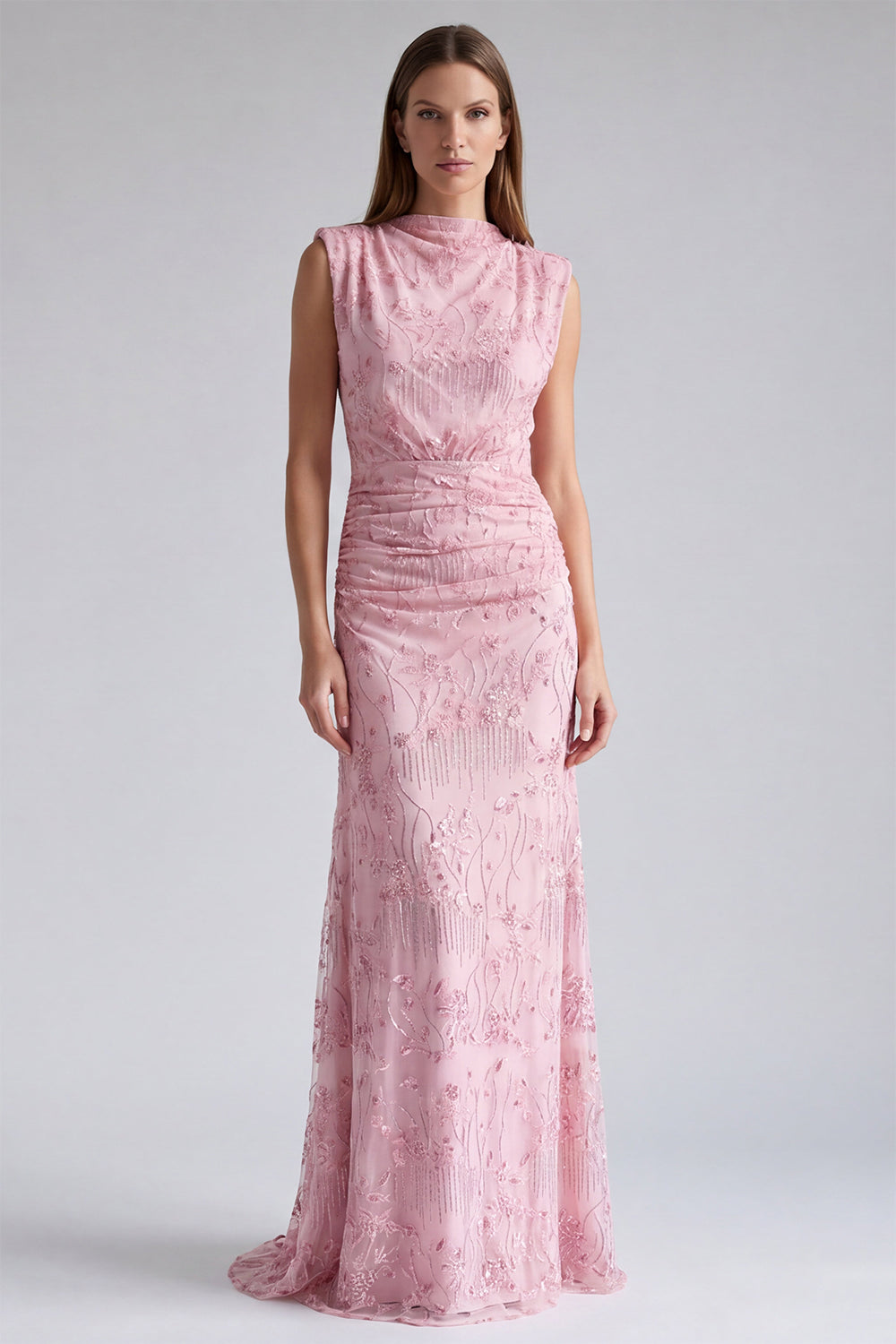 Pink Floral Sparkly Mermaid Beaded Ruched Long Formal Dress