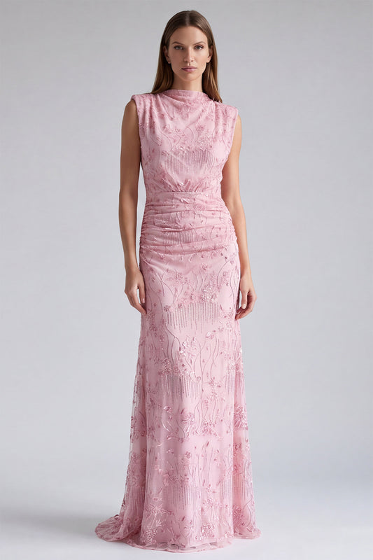 Pink Floral Sparkly Mermaid Beaded Ruched Long Formal Dress