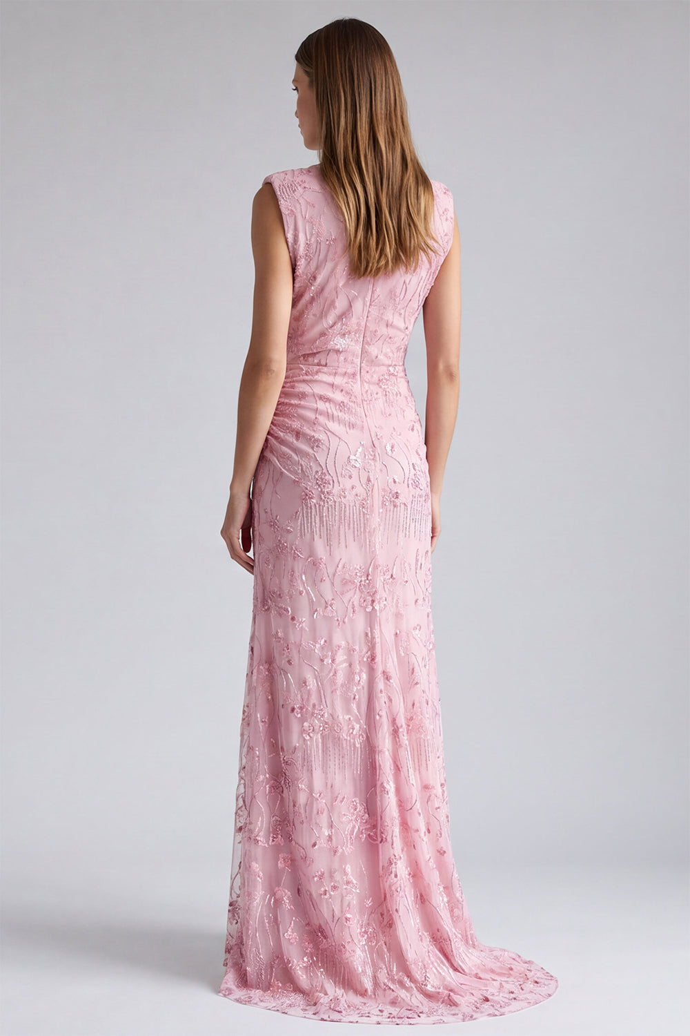 Pink Floral Sparkly Mermaid Beaded Ruched Long Formal Dress
