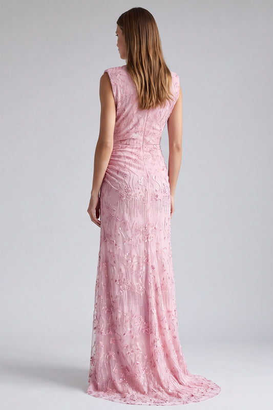 Pink Floral Sparkly Mermaid Beaded Ruched Long Formal Dress