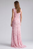 Pink Floral Sparkly Mermaid Beaded Ruched Long Formal Dress