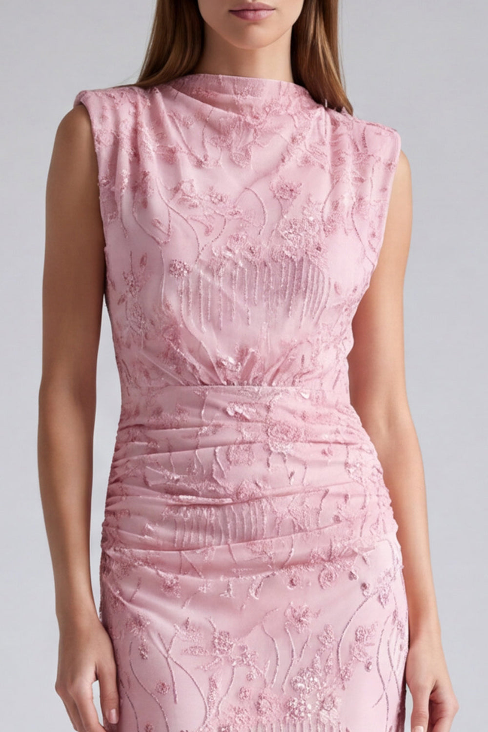 Pink Floral Sparkly Mermaid Beaded Ruched Long Formal Dress