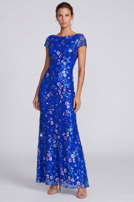 Royal Blue Floral Sparkly Mermaid Sequin Long Formal Dress with Sleeves