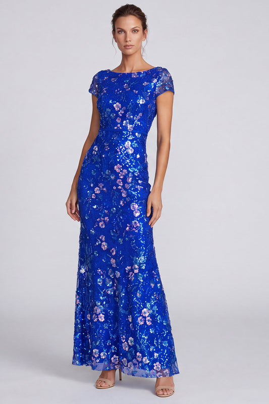Royal Blue Floral Sparkly Mermaid Sequin Long Formal Dress with Sleeves