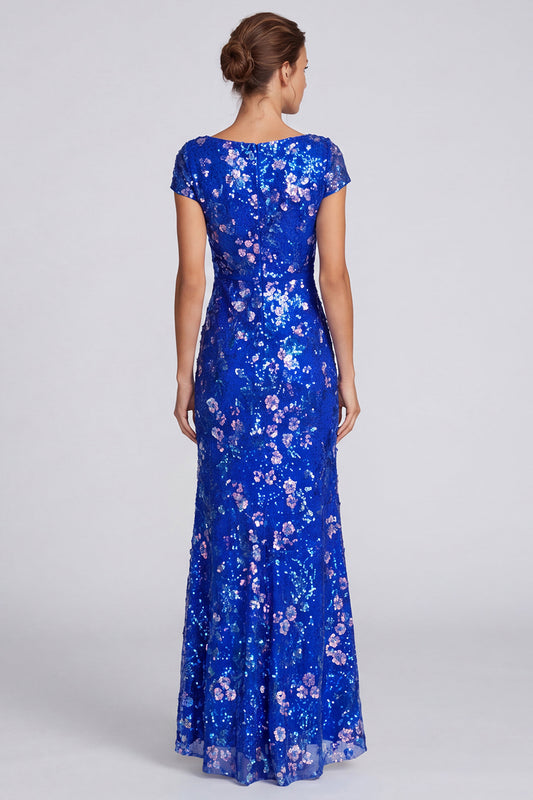 Royal Blue Floral Sparkly Mermaid Sequin Long Formal Dress with Sleeves