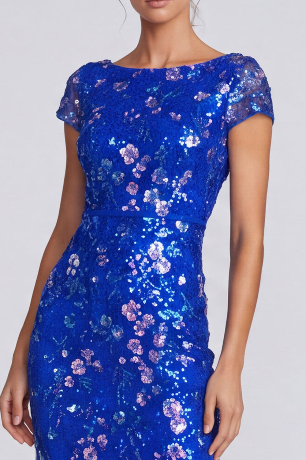 Royal Blue Floral Sparkly Mermaid Sequin Long Formal Dress with Sleeves