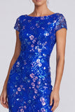 Royal Blue Floral Sparkly Mermaid Sequin Long Formal Dress with Sleeves