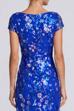 Royal Blue Floral Sparkly Mermaid Sequin Long Formal Dress with Sleeves