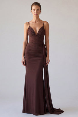 Brown Simple Mermaid Ruched Long Formal Dress with Sash