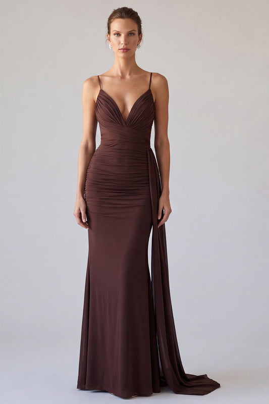 Brown Simple Mermaid Ruched Long Formal Dress with Sash