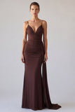 Brown Simple Mermaid Ruched Long Formal Dress with Sash