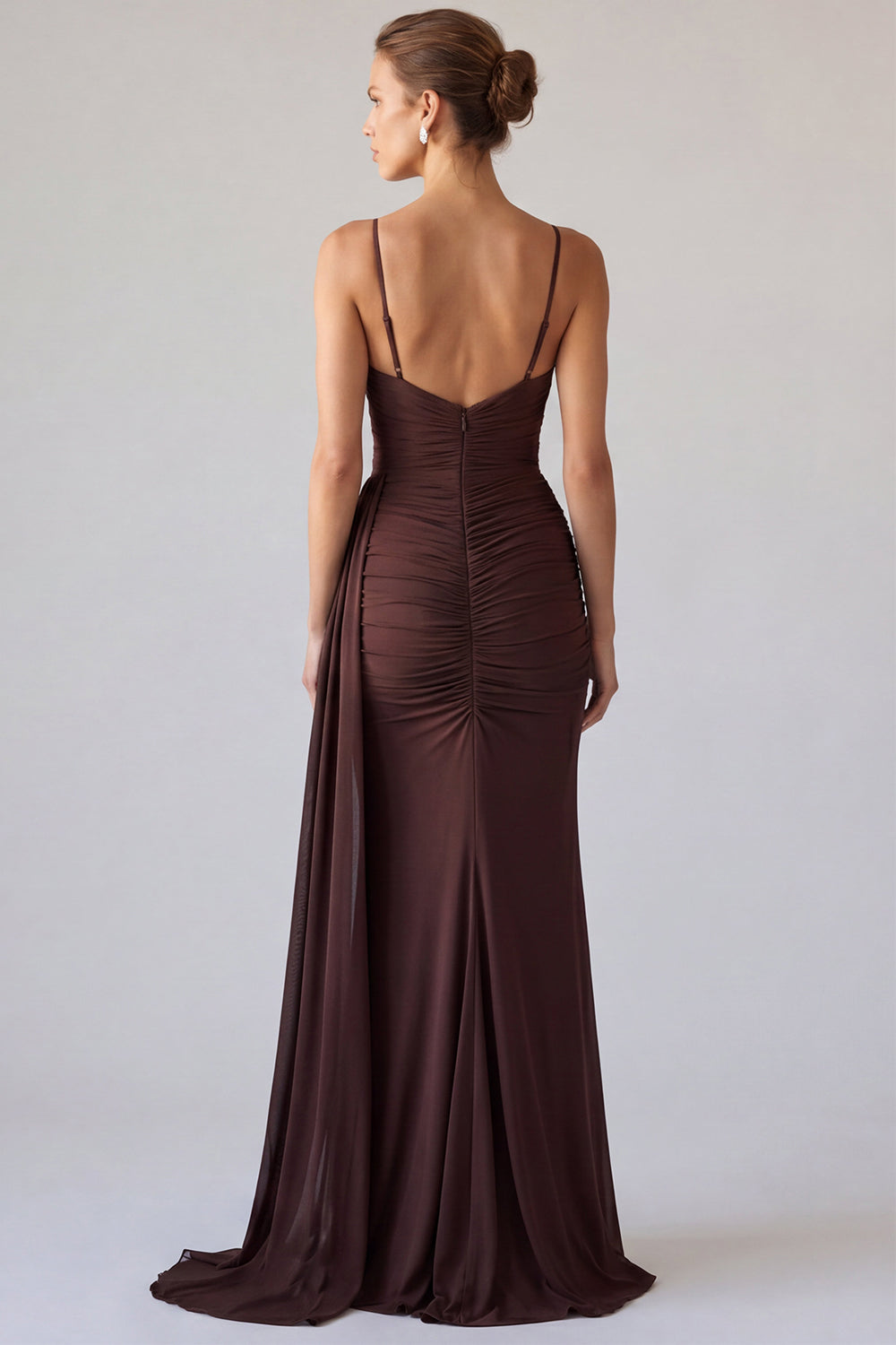 Brown Simple Mermaid Ruched Long Formal Dress with Sash