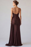 Brown Simple Mermaid Ruched Long Formal Dress with Sash