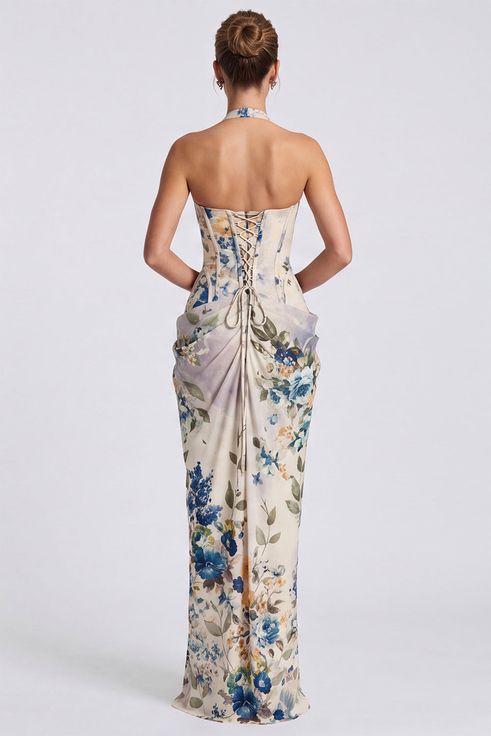 Ivory Floral Halter Corset Ruched Long Formal Dress with Slit
