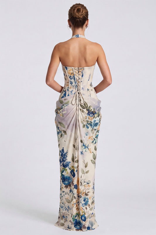 Ivory Floral Halter Corset Ruched Long Formal Dress with Slit
