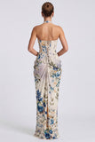 Ivory Floral Halter Corset Ruched Long Formal Dress with Slit