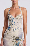 Ivory Floral Halter Corset Ruched Long Formal Dress with Slit